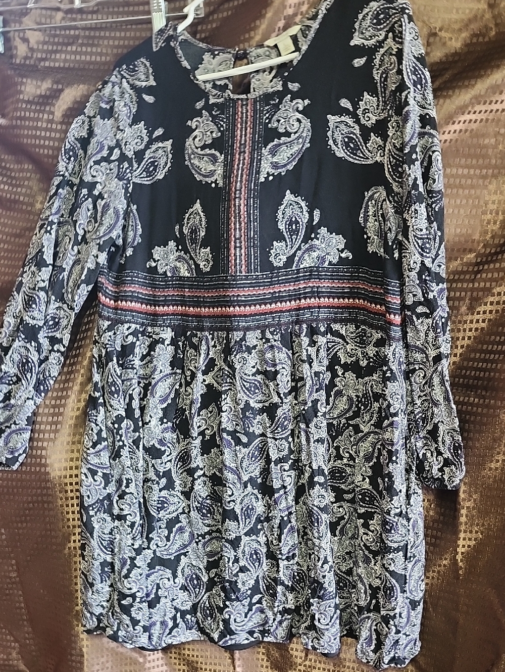 Women’s Black Paisley Mini Dress with Long Sleeves Lined